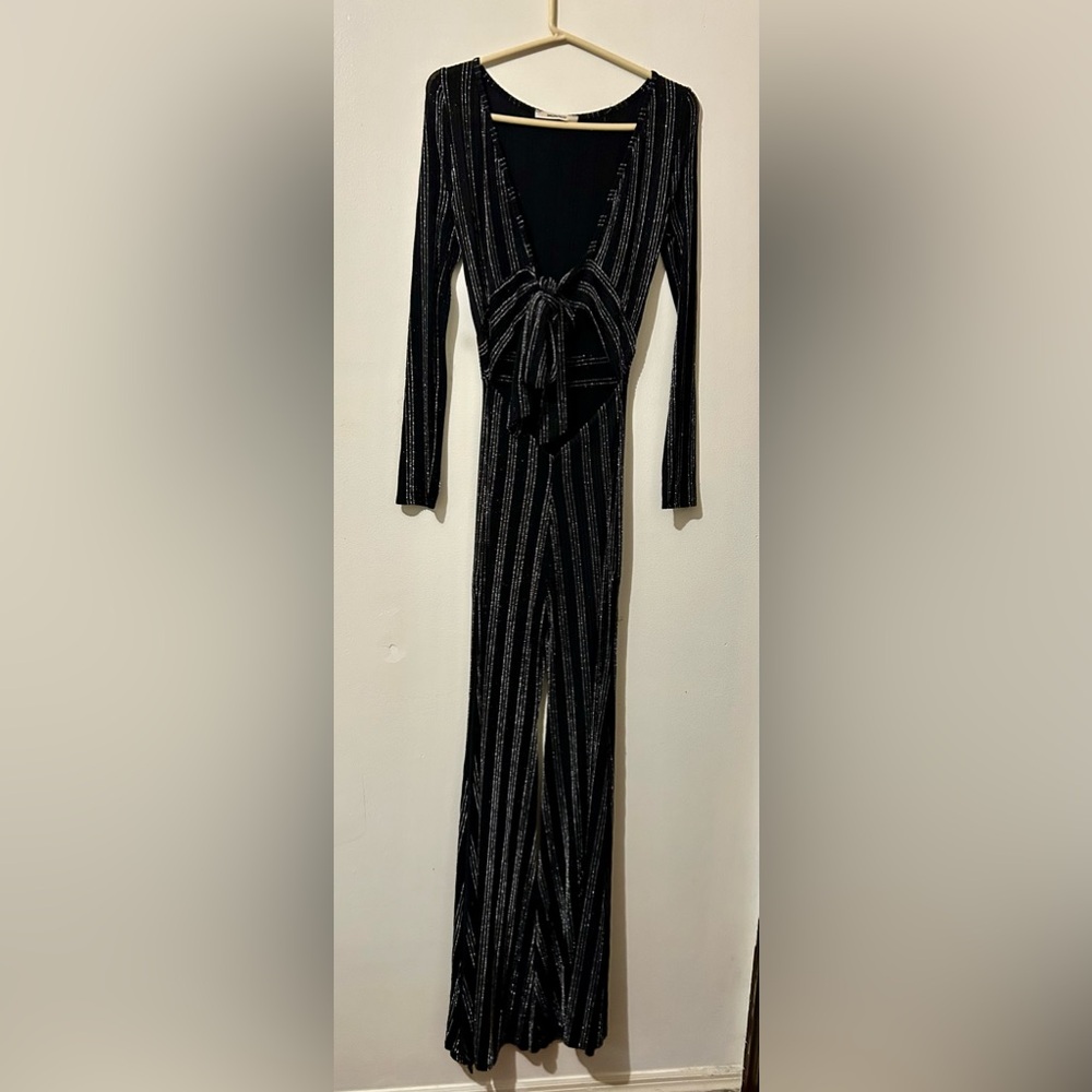 Sparkly Open Leg Jumpsuit With Tie Front Sparkly Silver And Black Monaco Label